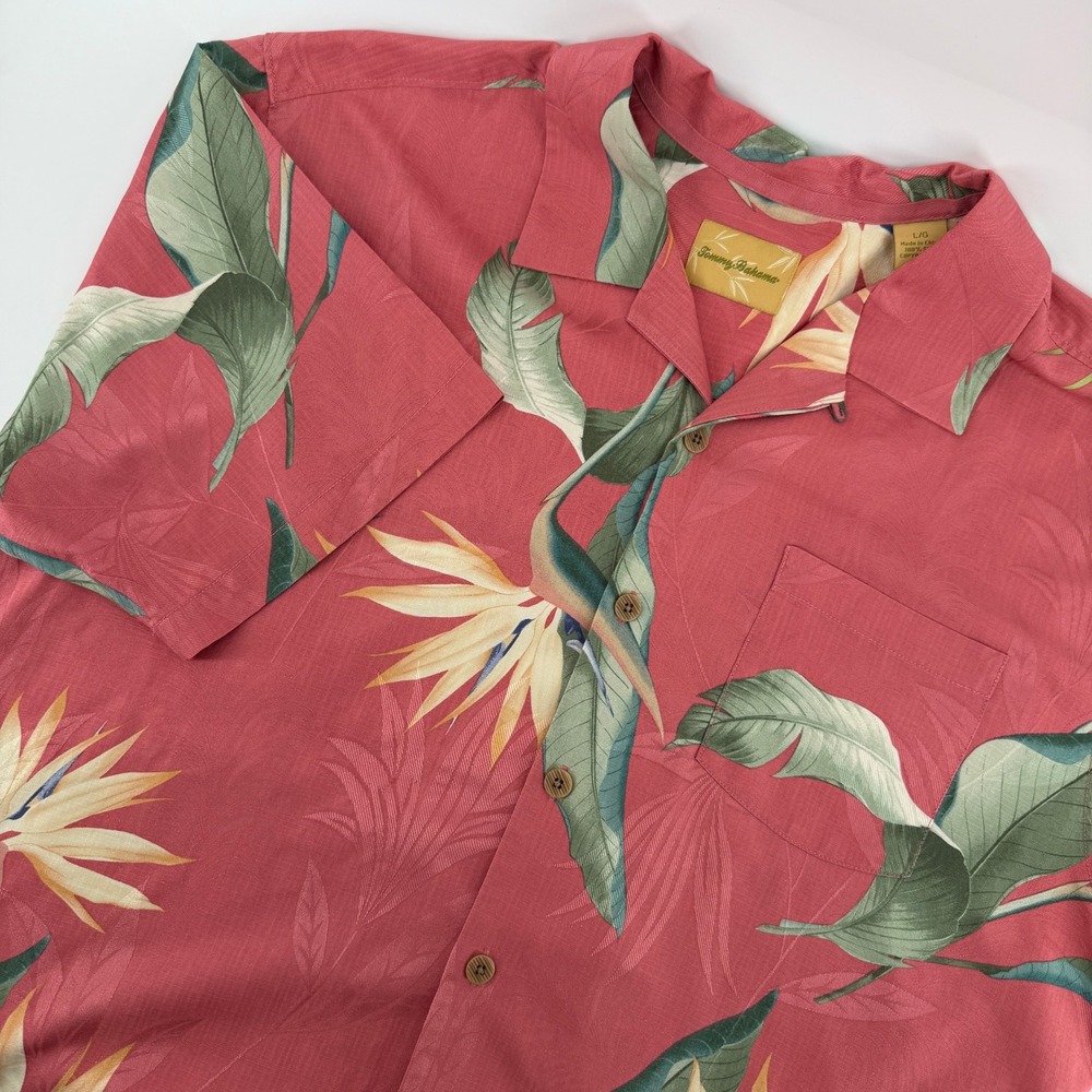 Tommy Bahama Shirt Mens L Pink Silk Bird of Paradise Floral Camp Short Sleeve